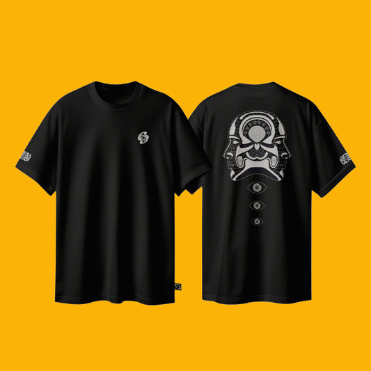Black t-shirt with front and back designs on a yellow background