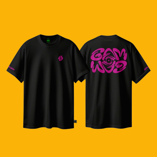 Black t-shirt with pink rose design on front and 'GAM GAM' text on back against a yellow background