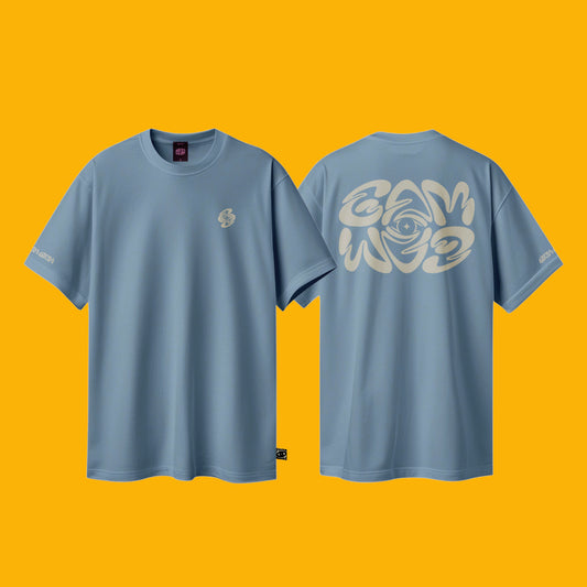 Blue t-shirt with front and back designs on a yellow background