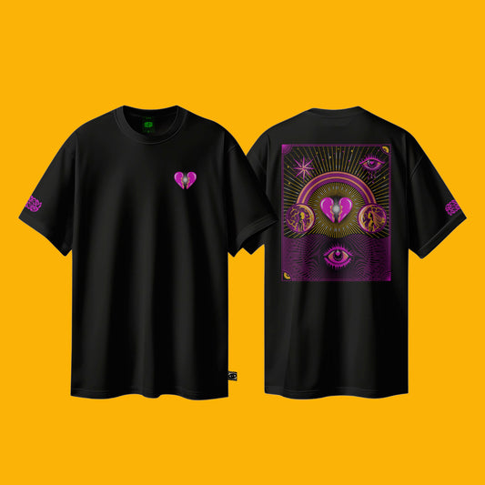 Black t-shirt with purple heart and eye design on a yellow background